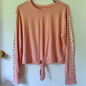 Hollister Pink Tie Front Long Sleeve Crop Tee Checkered Sleeve XS